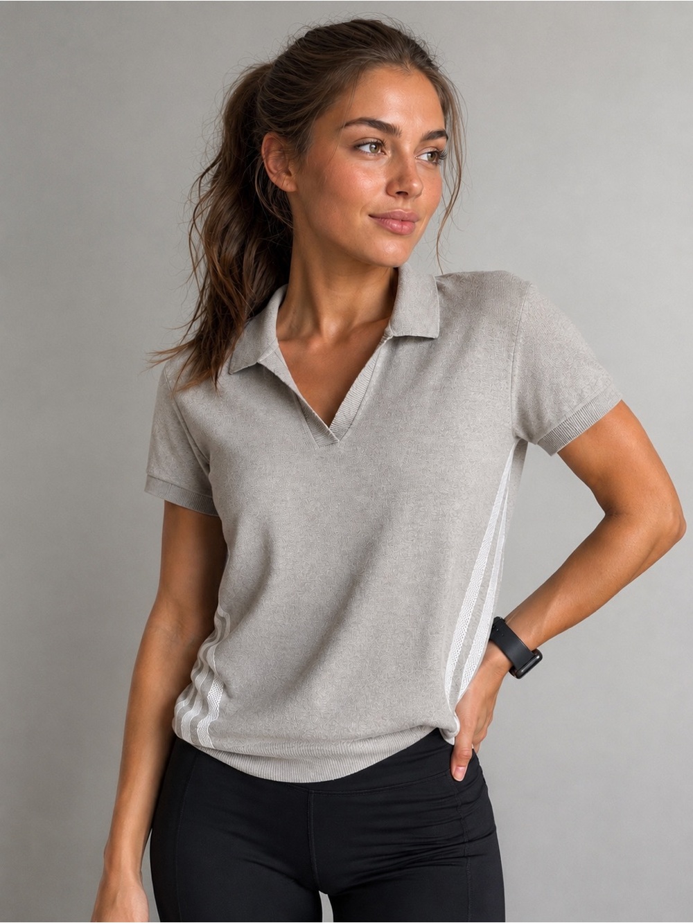 Adidas Knit V-Neck Polo Shirt Gray Short Sleeve Top - Women's Size M